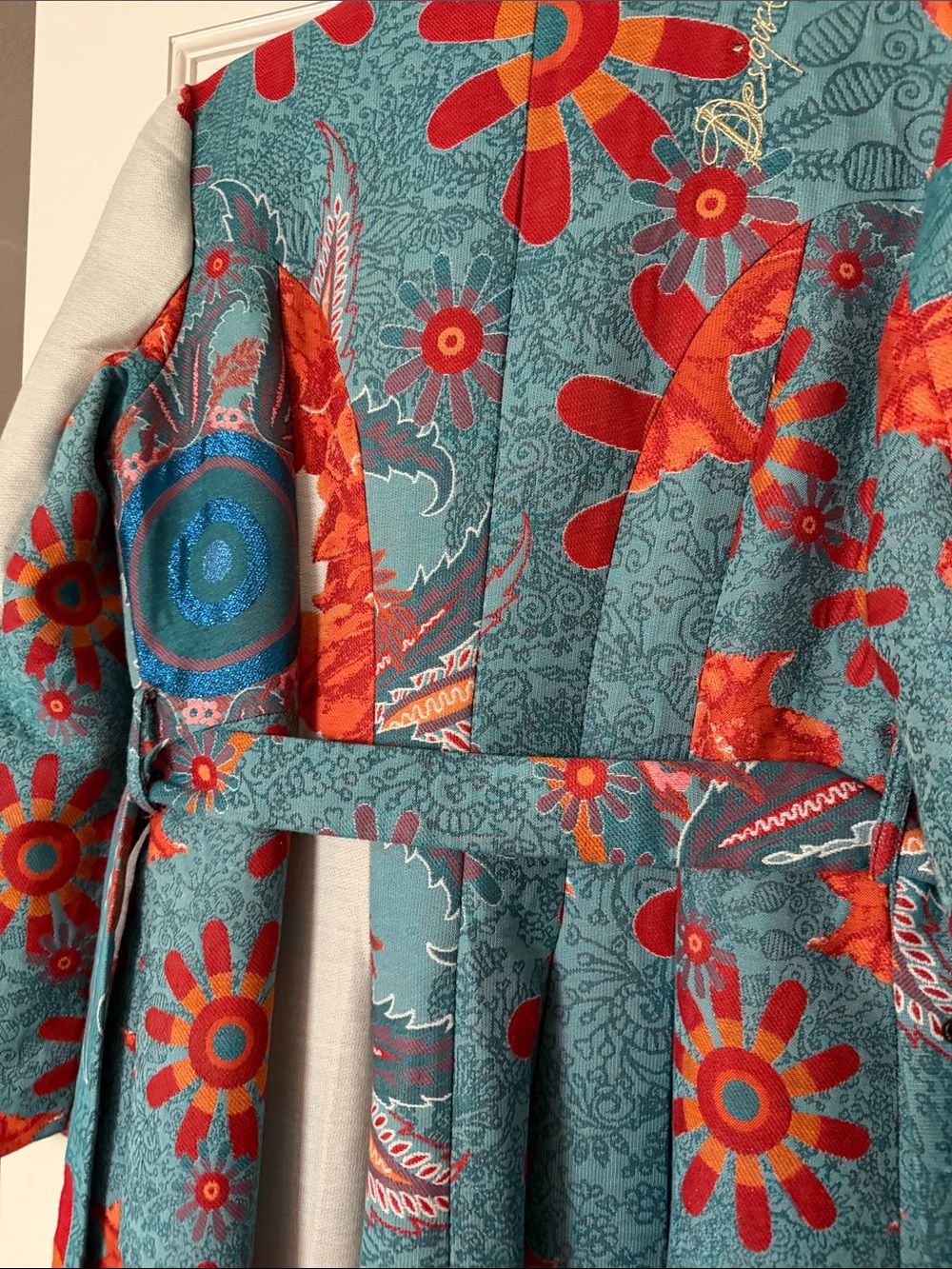 Desigual Light Gray Coat with Bold Red Floral & Teal Panels - Picture 5 of 5
